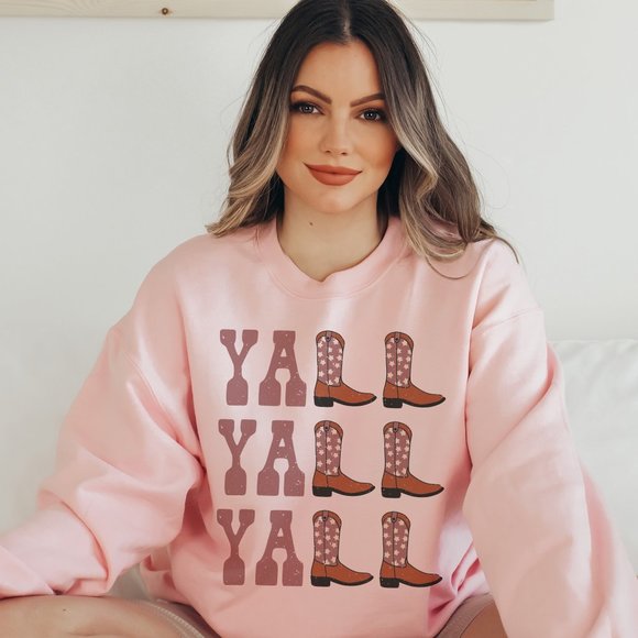 SimplyBeverly Sweaters - Yall Yall Yall Dusty Pink Cowboy Cowgirl Western Boots Pink Sweatshirt